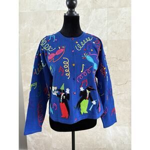 VTG Christina Rotelli NYE Cardigan - M, Blue Embroidered Maximalist Party Knit